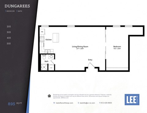 A floor plan for a one bedroom, one bath apartment at Dungarees.